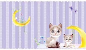 Grey-and-white cat and kitten on a cloud by the yellow crescent with a liana