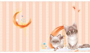 Grey-and-white cat and kitten on a cloud by the orange crescent with a ladder