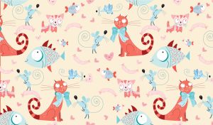 Red cats with blue bows, fish and mice seamless pattern