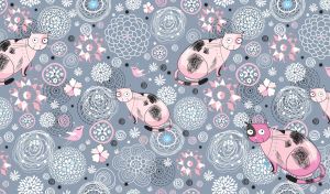 Pink and fat cat looks curious seamless pattern