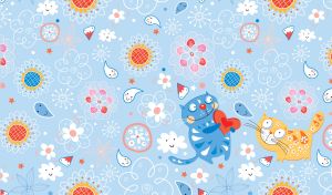 Couple of happy cats surrounded by rain drops, flowers and clouds on pastel blue