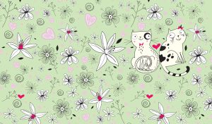 Couple of black and white cats surrounded by floral patterns on pastel green