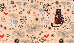 Black cat and a pink cat surrounded by conifer cones and swirls on pastel beige