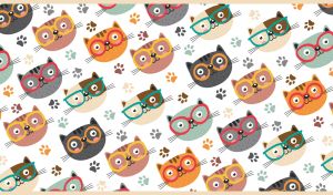 Seamless cat mix featuring cat faces wearing glasses and paw print on white