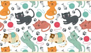 Seamless cat mix featuring sleepy and playful cat faces on white