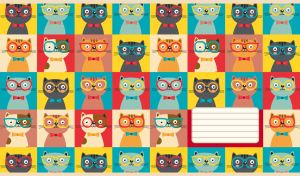 Seamless cat mix featuring pastel cats wearing glasses in multicolor boxes