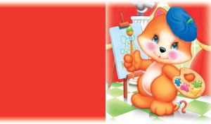 Ginger kitten artist in a blue beret draws a portrait of a mouse