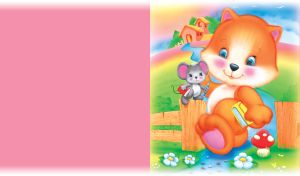 Ginger kitten with a yellow book and grey mouse with a blue pencil on way to school