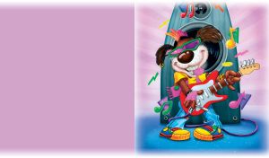 Rocker dog in baggy clothes and colored sneakers plays the red bass guitar