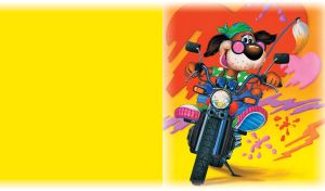 Biker dog in a green headscarf and round glasses rides a motorcycle