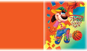 Basketball-player dog in baggy clothes throws a basketball into the hoop