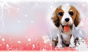 Watercolor painting of an adorable puppy with its tongue out on a pink gradient