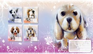 Watercolor painting of a cartoon beige long-eared dog on blue to purple gradient