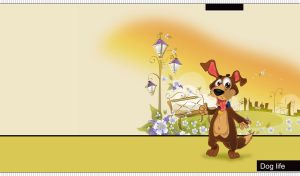 Cartoon dog at park on the outskirts of a town on a yellow-ocher gradient