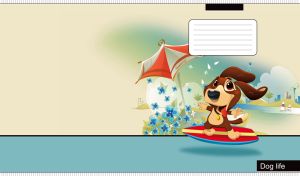 Cartoon dog surfing at a city beach on a beige-teal gradient