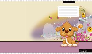 Cartoon dog at the bus stop on a purple-beige gradient