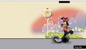 Cartoon champion dog posing in front of a city watch on a beige-gray gradient