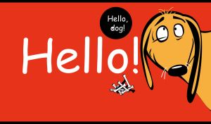 A light brown cartoon dog with the greeting Hello! on a red background