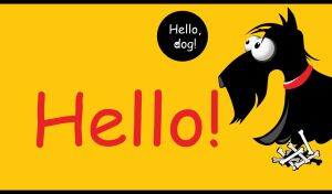 A black cartoon dog with the greeting Hello! on an ocher-yellow background