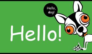 Black and white cartoon dog with the greeting Hello! on a green background
