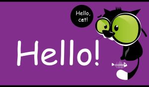 Black cartoon cat with the greeting Hello! on a purple background
