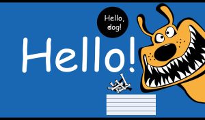 Beige cartoon dog with the greeting Hello! on a navy background