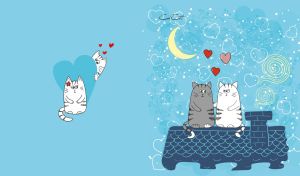 Pair of cats on a date against a pastel blue backdrop adorned with hearts