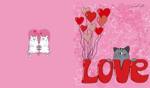 Gray cat with red balloons against a pastel pink backdrop adorned with hearts