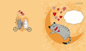 Gray cat sleeps on crescent against a yellow-beige backdrop adorned with hearts