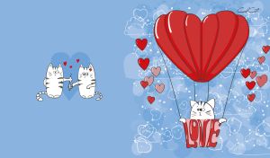 White cat in a red aerostat against a pastel navy backdrop adorned with hearts