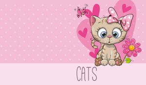 Animated tabby kitten on a pastel pink polka dot and heart patterns