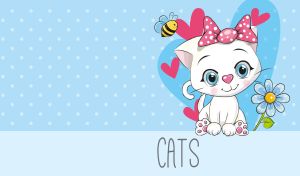 Animated white kitten on a pastel blue polka dot and heart patterns