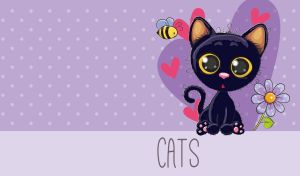 Animated navy black kitten on a pastel purple polka dot and heart patterns
