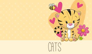 Animated tiger cub on a pastel yellow polka dot and heart patterns