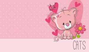 Animated pink kitten on a pastel pink polka dot and heart patterns
