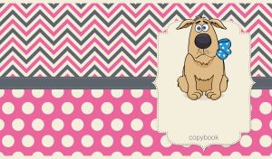 Cartoon dog with bow tie on pink, white and gray zigzag and polka dot patterns