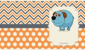 Cartoon blue dog on orange, white and gray zigzag and polka dot patterns