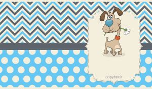 Cartoon dog with a flower on blue, white and gray zigzag and polka dot patterns