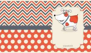 Cartoon spotted dog on orange, beige and gray zigzag and polka dot patterns