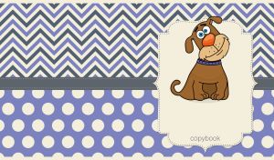 Cartoon smiling dog on purple, beige and gray zigzag and polka dot patterns