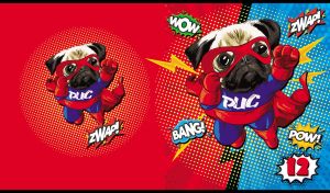 An illustration of a superhero pug against a blue and red pop art-style backdrop