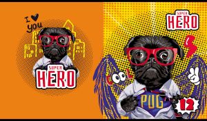 An illustration of a superhero pug against an orange pop art-style backdrop