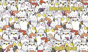 Seamless pattern featuring hand-drawn black and white interesting birds