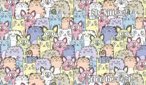 Seamless pattern featuring hand-drawn pastel multicolored sly kittens