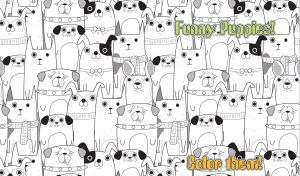 Seamless pattern featuring hand-drawn black and white funny puppies