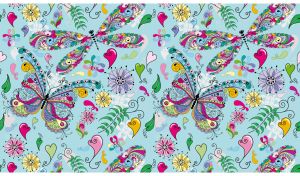 Seamless butterfly pattern with psychedelic and floral decor on pastel blue