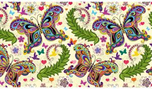 Seamless butterfly pattern with zentangle and floral decor on pastel yellow