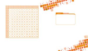 An orange abstract square pattern and multiplication table on white