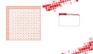 A red abstract square pattern and multiplication table on white
