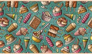 A seamless ice cream pattern on a teal monochrome background